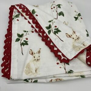 Bunny Rabbits & Strawberries Rectangle Tablecloth Cotton Red Rickrack 116.5"x62"